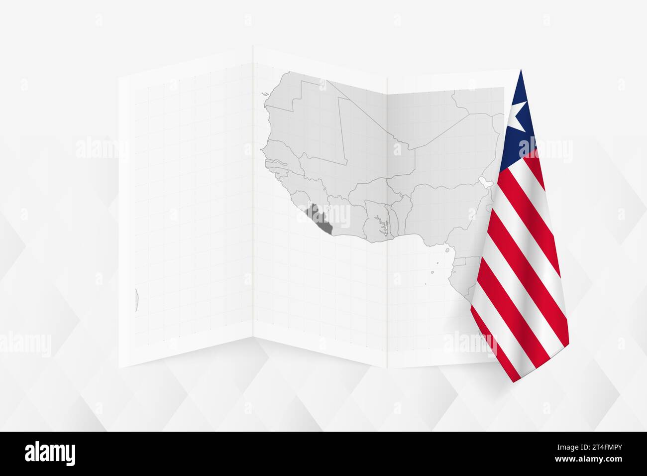 A grayscale map of Liberia with a hanging Liberian flag on one side ...