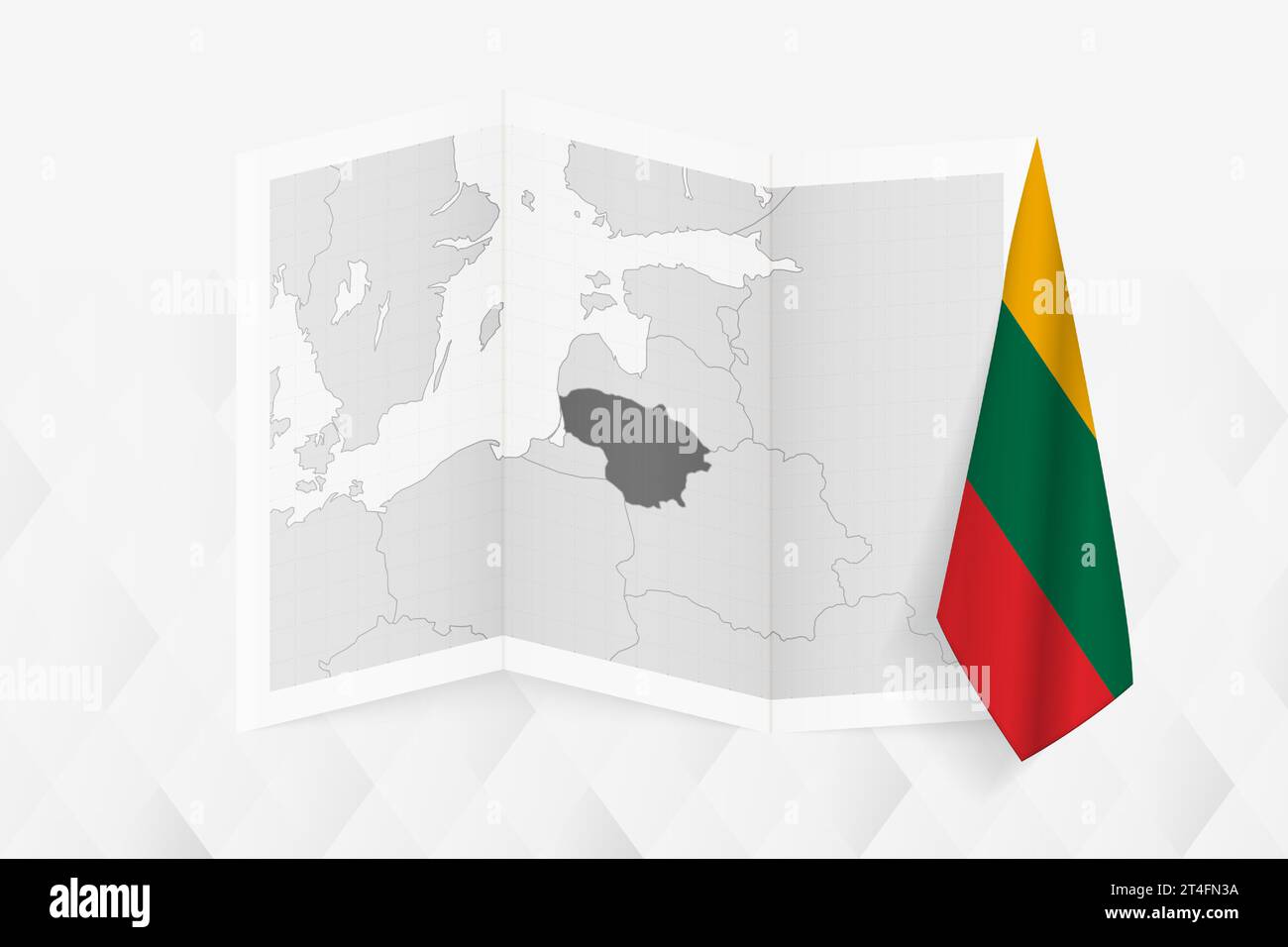 A grayscale map of Lithuania with a hanging Lithuanian flag on one side ...