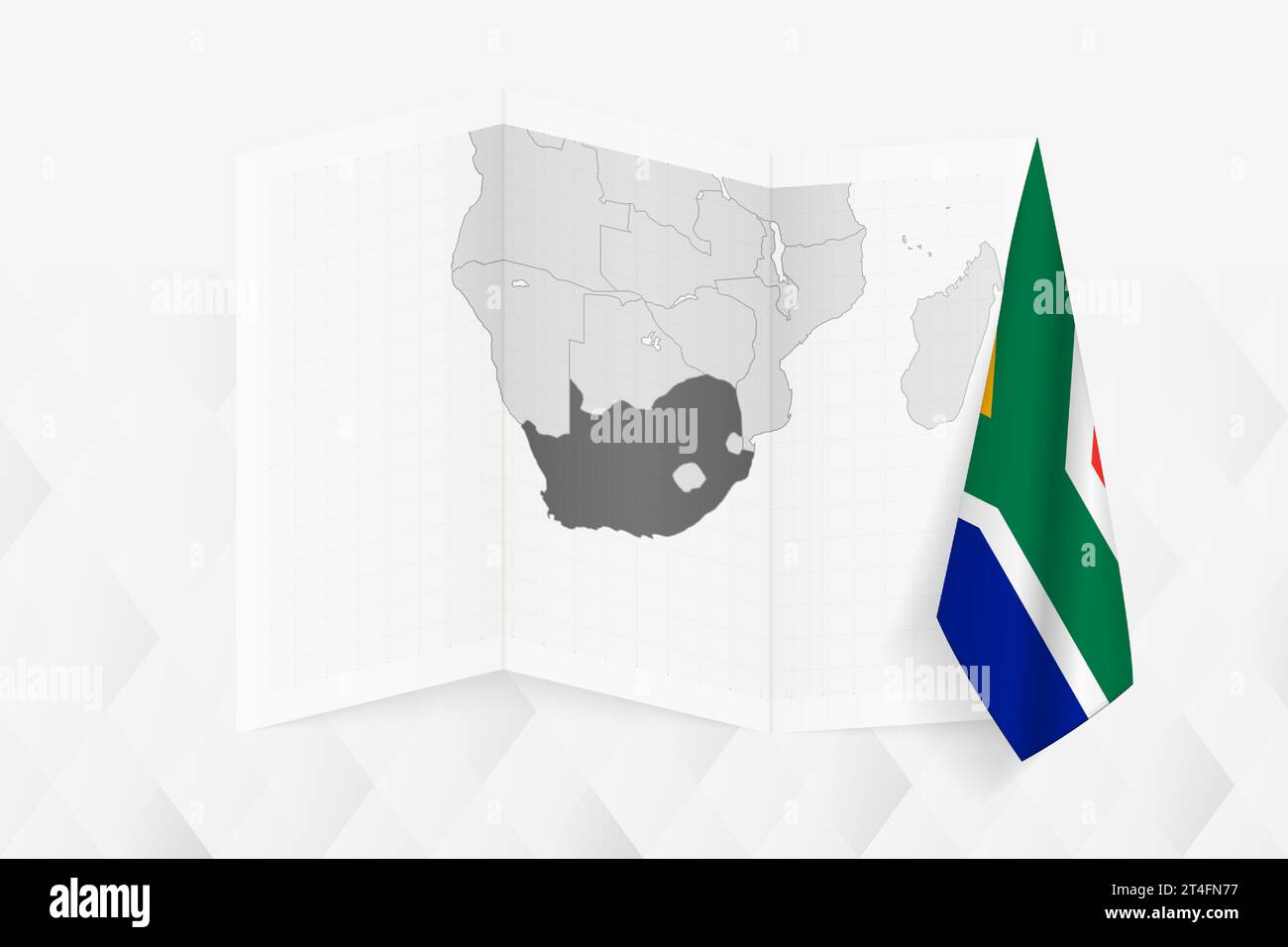 A grayscale map of South Africa with a hanging South African flag on ...
