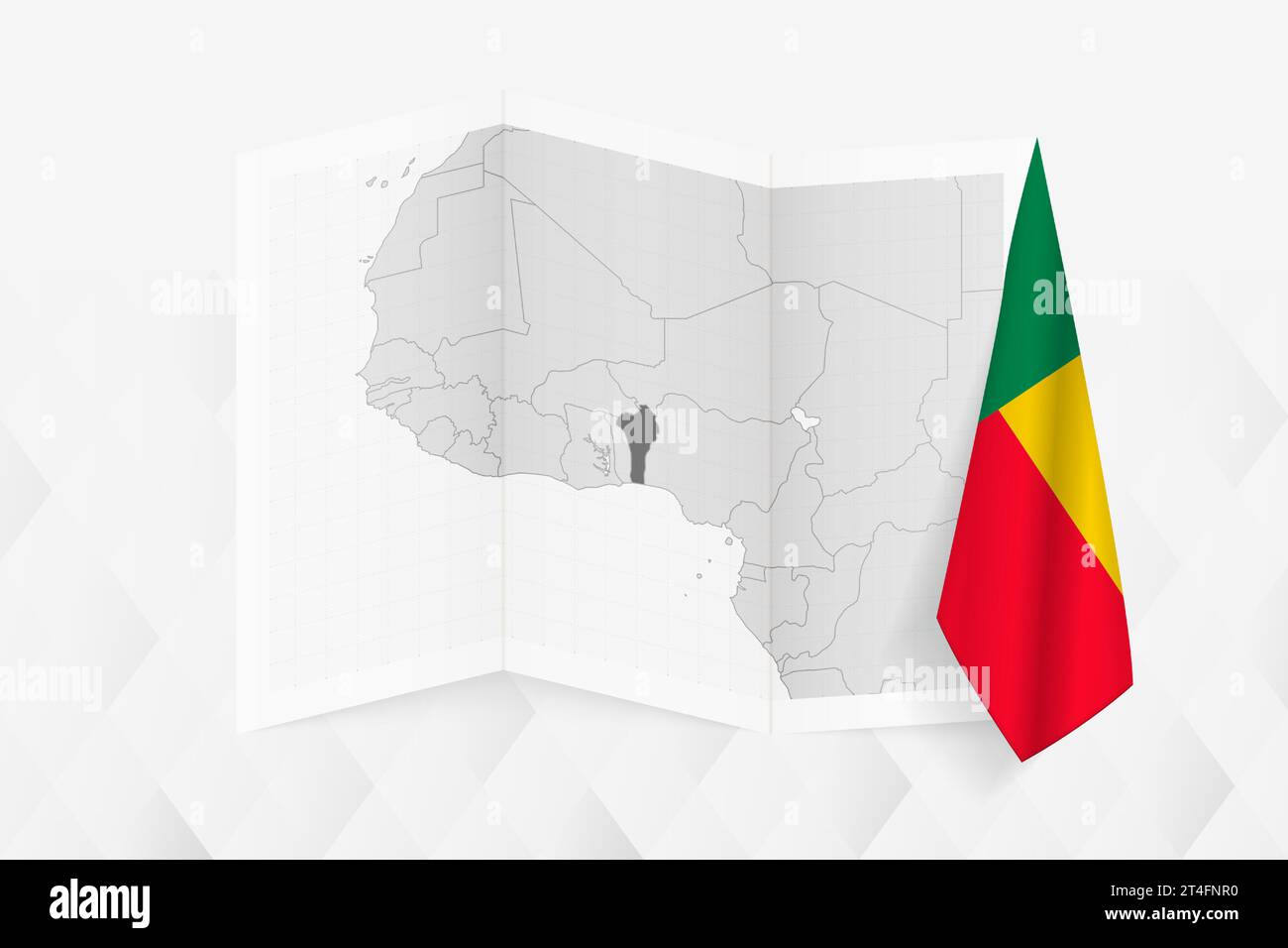 A grayscale map of Benin with a hanging Beninese flag on one side ...