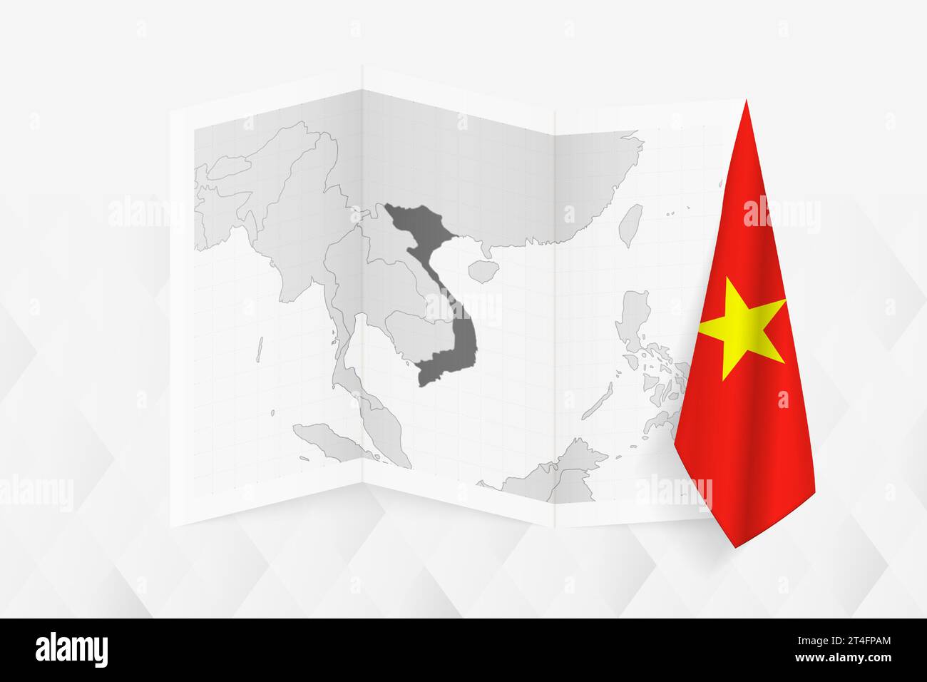 A grayscale map of Vietnam with a hanging Vietnamese flag on one side ...