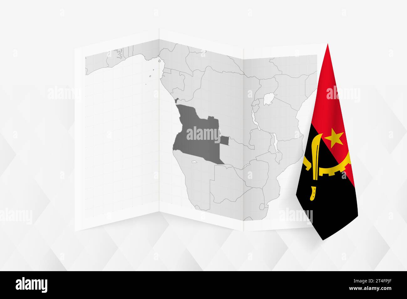 A grayscale map of Angola with a hanging Angolan flag on one side ...