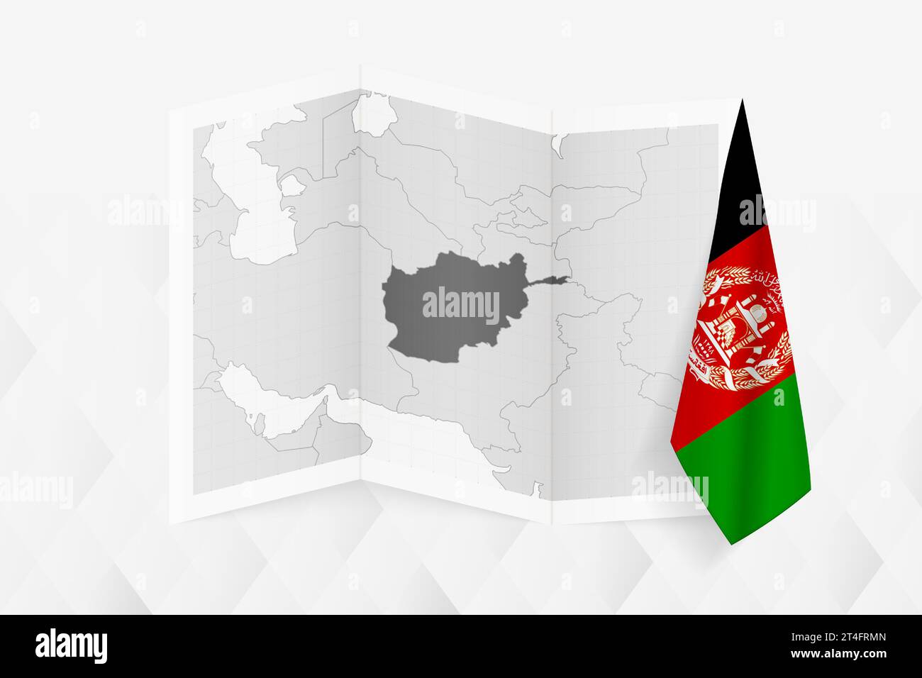 A grayscale map of Afghanistan with a hanging Afghan flag on one side