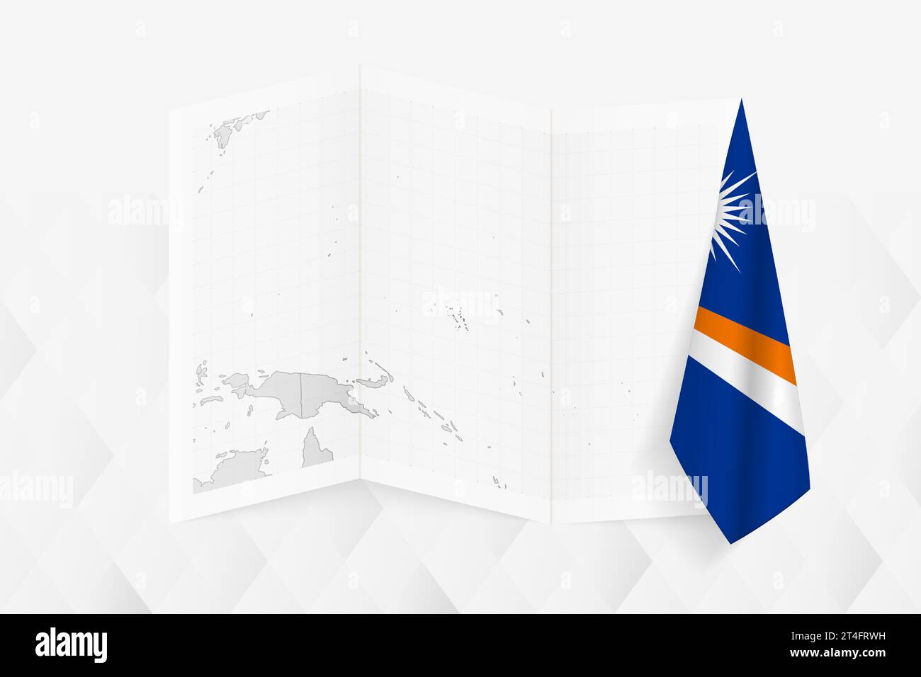A grayscale map of Marshall Islands with a hanging Marshall Islands flag on one side. Vector map for many types of news. Vector illustration. Stock Vector
