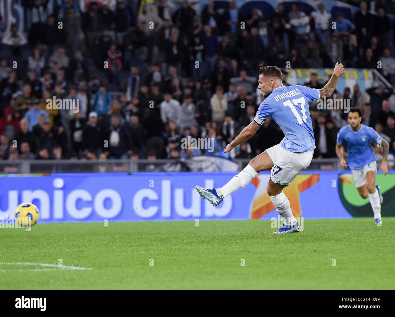 Rome, Italy. 30th Oct, 2023. Lazio's Ciro Immobile scores a penalty during a Serie A soccer match between Lazio and Fiorentina in Rome, Italy, Oct. 30, 2023. Credit: Alberto Lingria/Xinhua/Alamy Live News Stock Photo