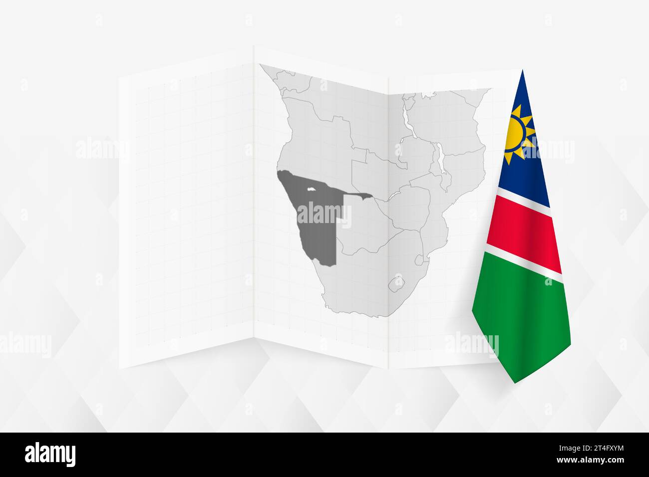 A grayscale map of Namibia with a hanging Namibian flag on one side. Vector map for many types of news. Vector illustration. Stock Vector