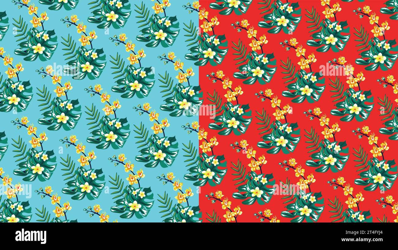 Tropical pattern with tropical flowers. On a turquoise and red background. Stock Vector