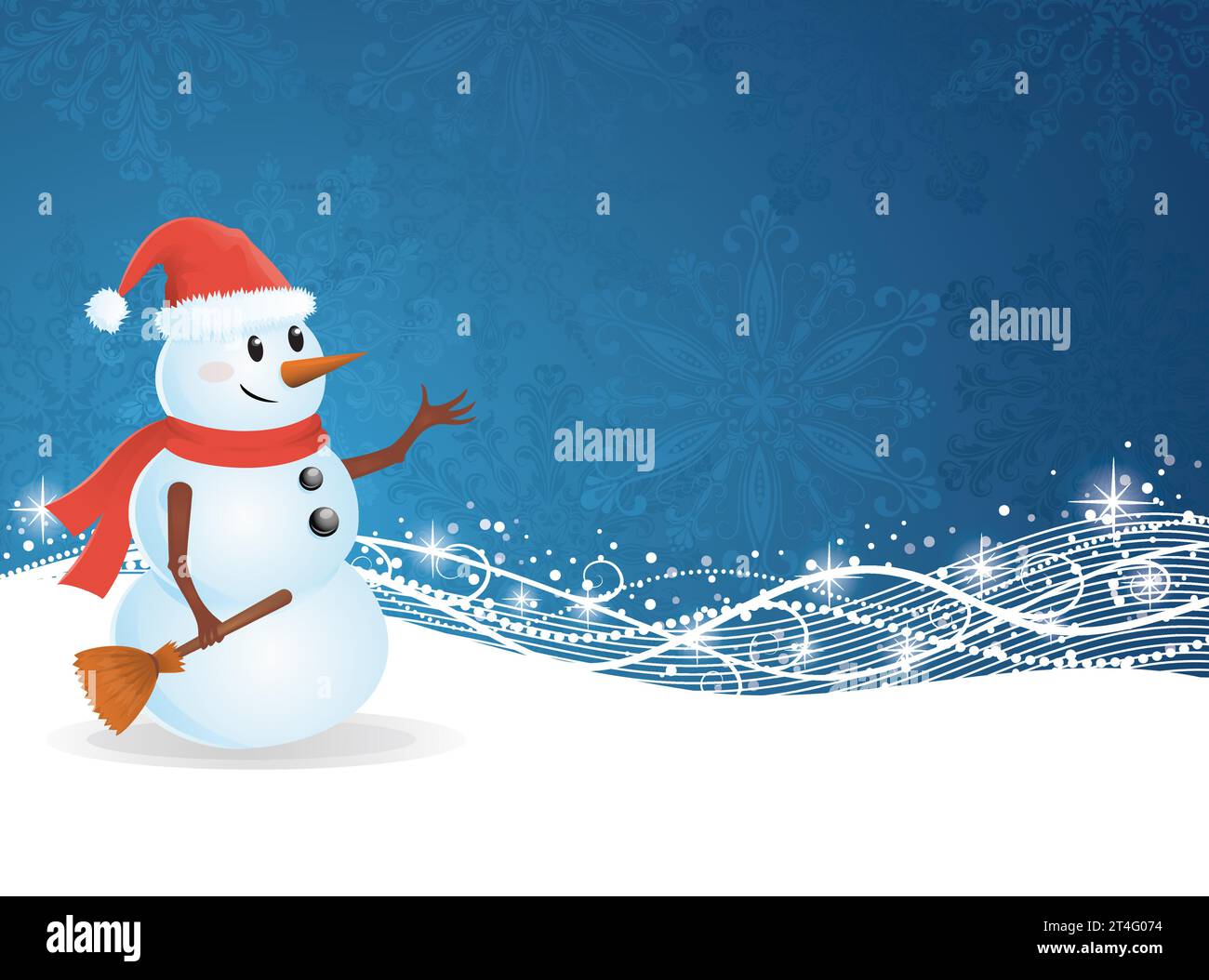 Cute snowman standing on a blue background with pattern and sparkles ...