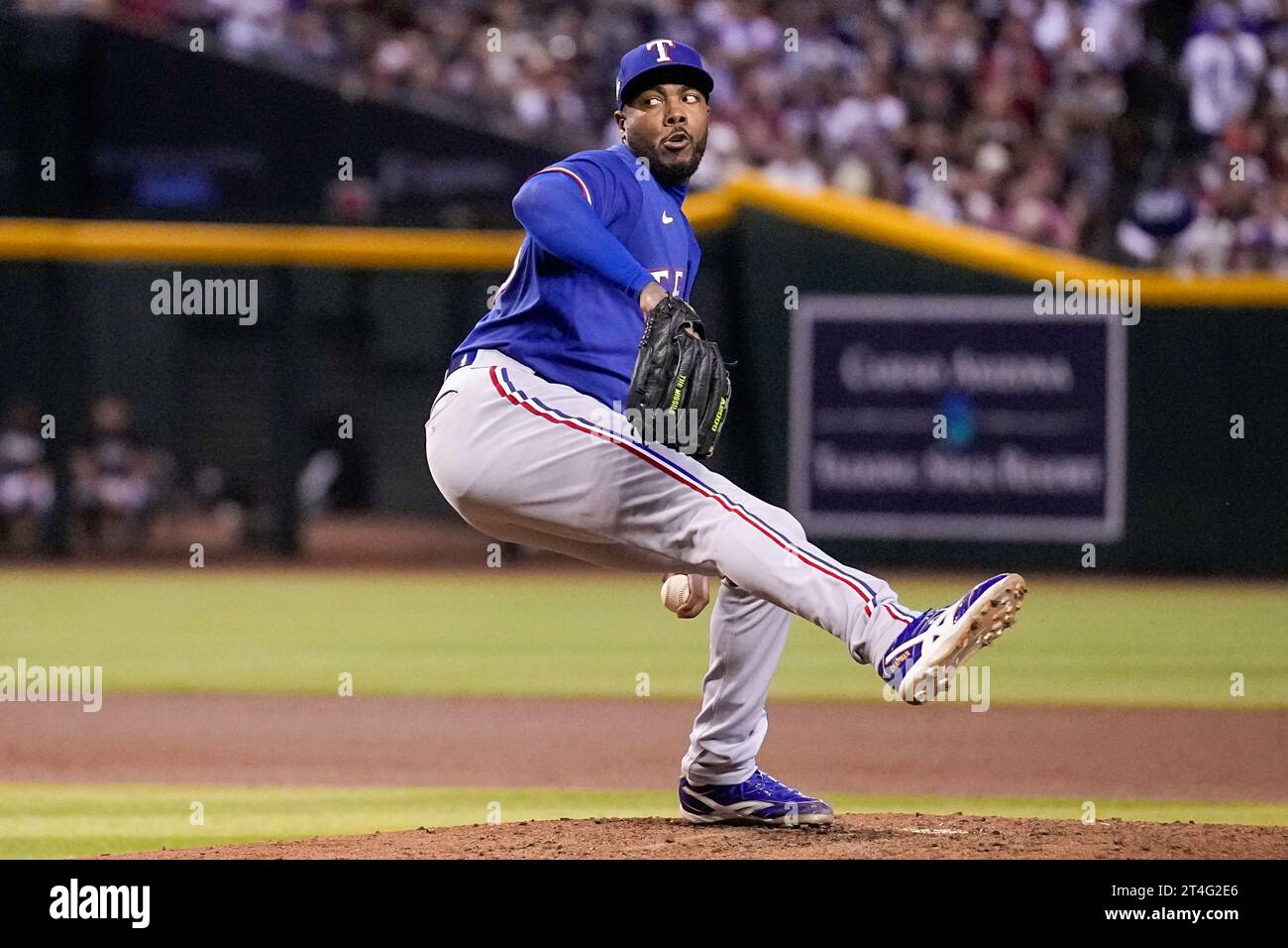Texas Rangers relief pitcher Aroldis Chapman throws against the Arizona ...