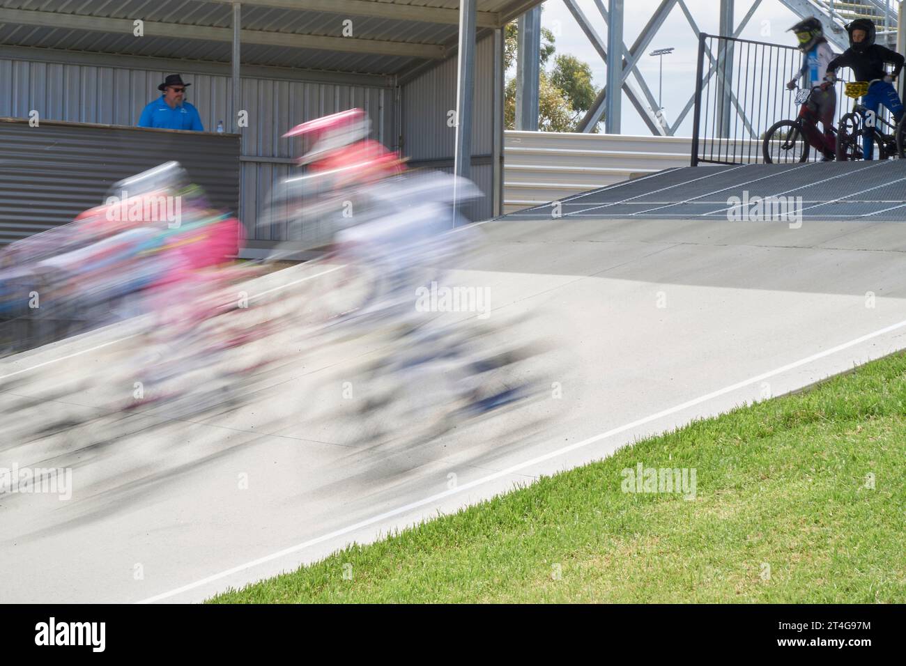 Descend Down Ramp Shepparton Victoria Australia 30th October 2023. A blur of riders as ...