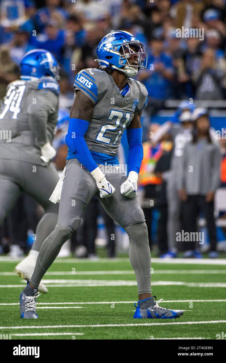 DETROIT, MI - OCTOBER 30: Detroit Lions S (21) Tracy Walker III celebrates after a tackle for a loss during the game between Las Vegas Raiders and Detroit Lions on October 30, 2023 at Ford Field in Detroit, MI (Photo by Allan Dranberg/CSM) Credit: Cal Sport Media/Alamy Live News Stock Photo