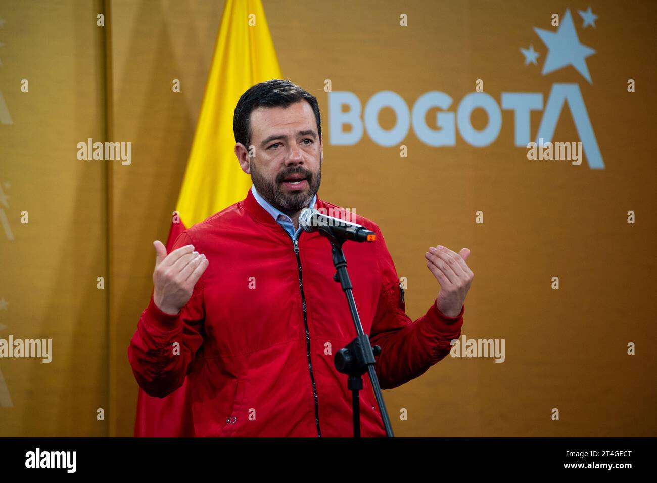 Bogota, Colombia. 30th Oct, 2023. Bogota's mayor-elect Carlos Fernando Galan during a press conference after a meeting between the Bogota's mayor Claudia Lopez and mayor-elect Carlos Fernando Galan, in Bogota, Colombia, october 30, 2023. Photo by: Chepa Beltran/Long Visual Press Credit: Long Visual Press/Alamy Live News Stock Photo