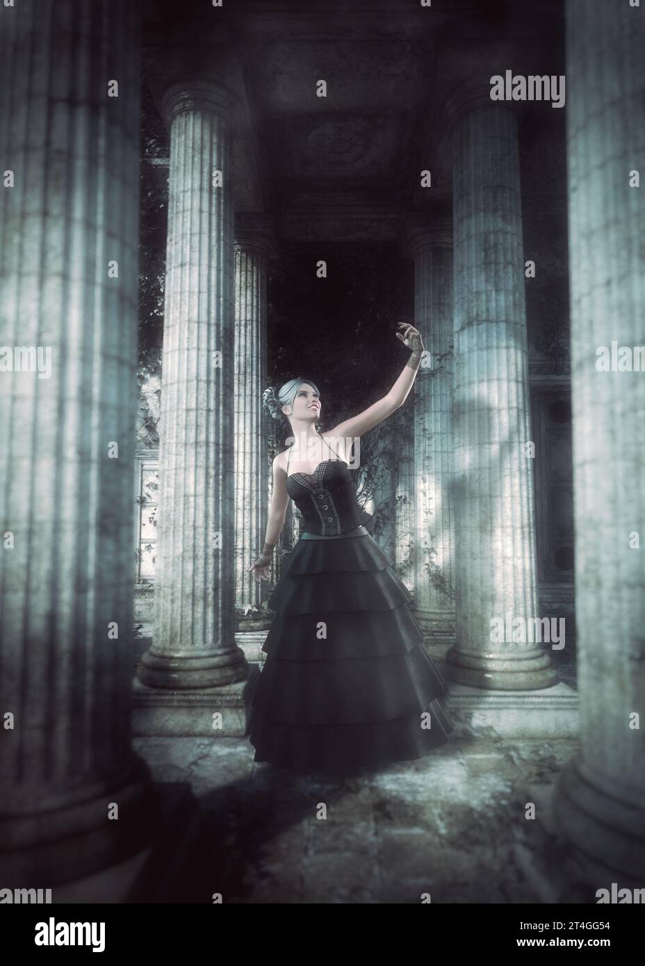 Woman in black gothic outfit and ancient building at night. 3D Illustration. Stock Photo