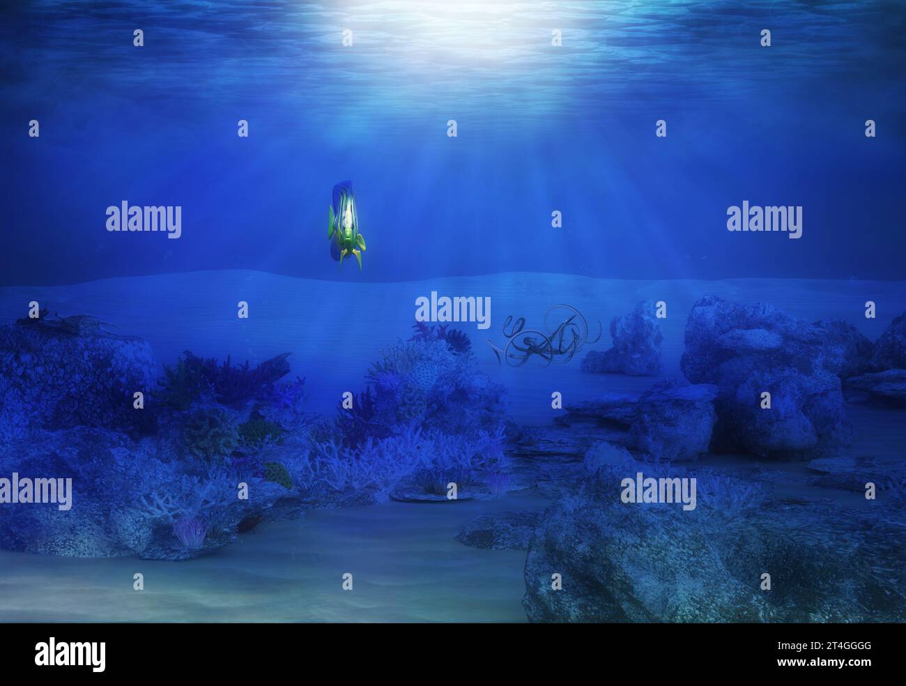 Dark underwater scene with coral reef, 3D Illustration. Stock Photo