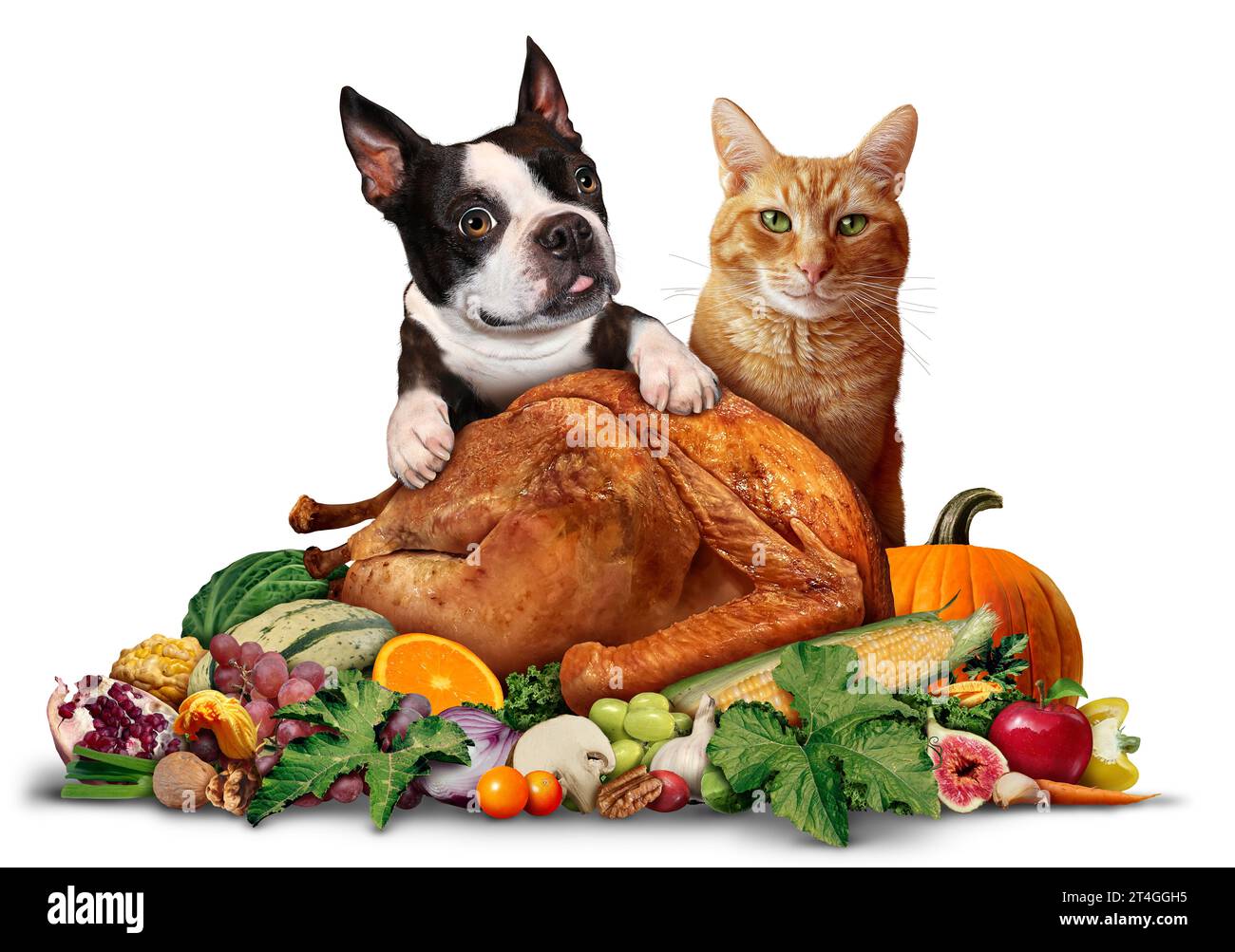 Pets and Thanksgiving as a cute dog and cat with a roasted Turkey as a traditional autumn bountiful dinner during harvest time for pet lovers celebrat Stock Photo