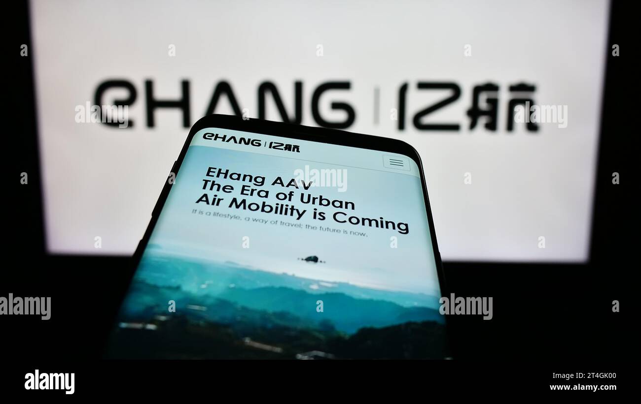 Smartphone with website of Chinese aviation company EHang Holdings