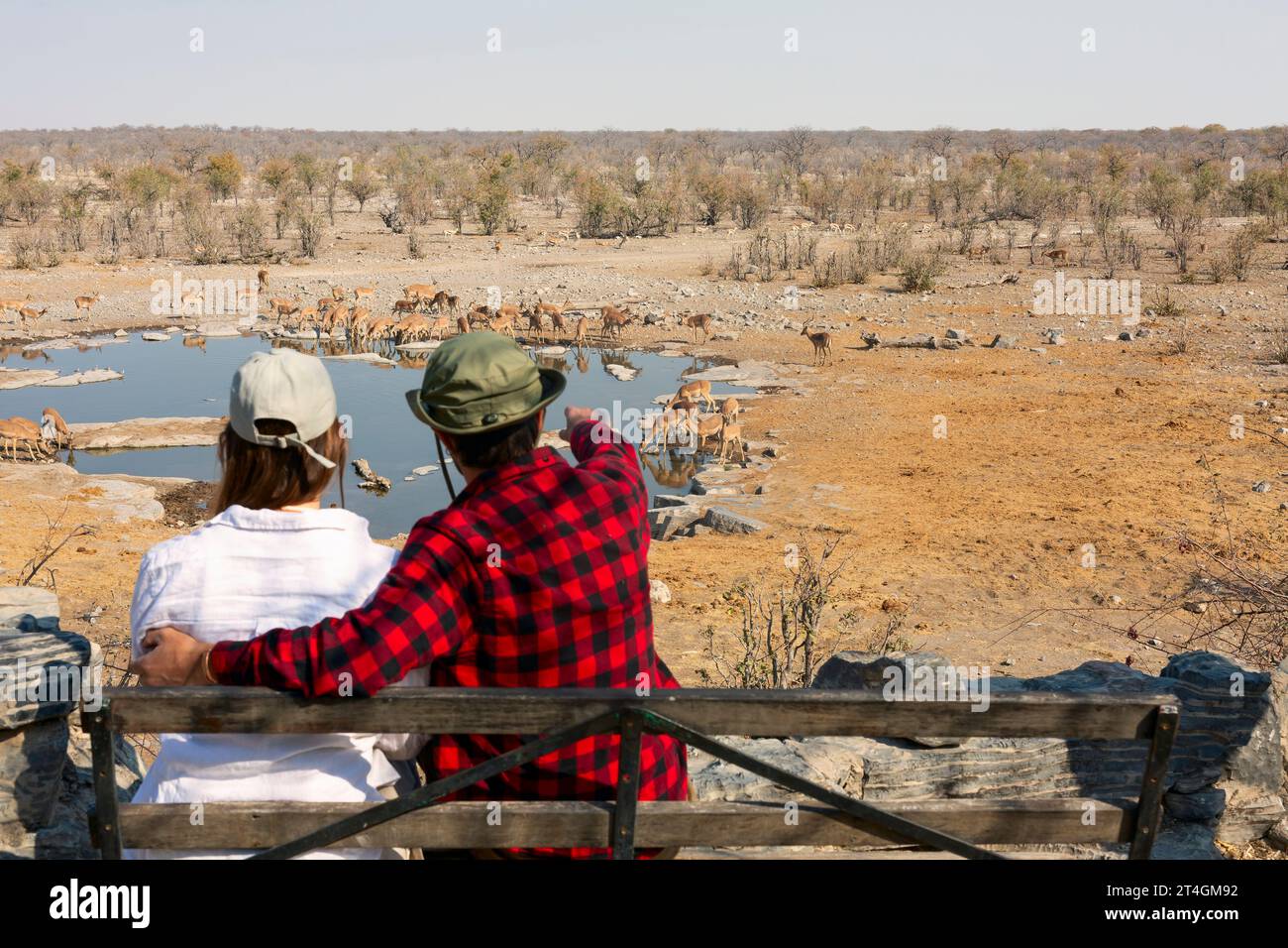 Rear view of young couple observing animals in African savannah, Etosha National Park, Namibia Stock Photo