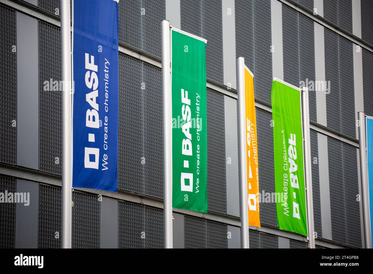 BASF flags in Ludwigshafen am Rhein (Ludwigshafen, Germany, October 30, 2023) Stock Photo