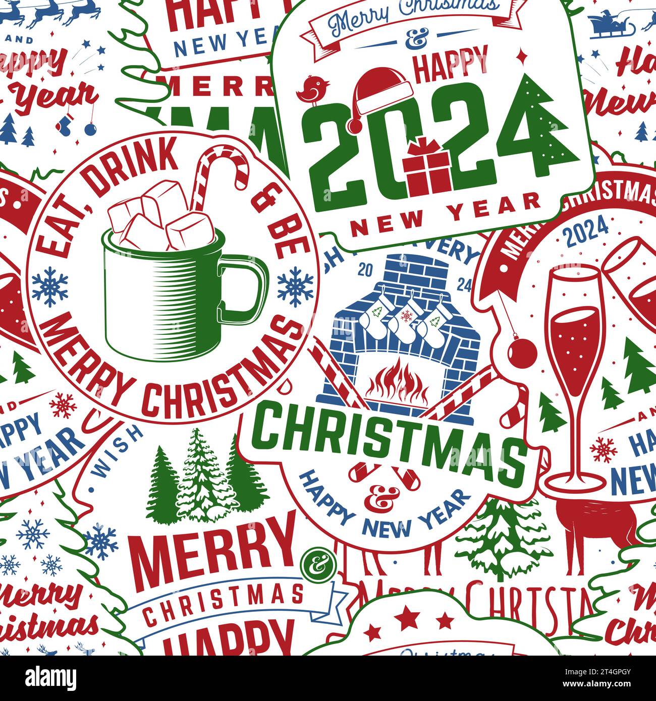 Merry Christmas and Happy New Year 2025 seamless pattern with
