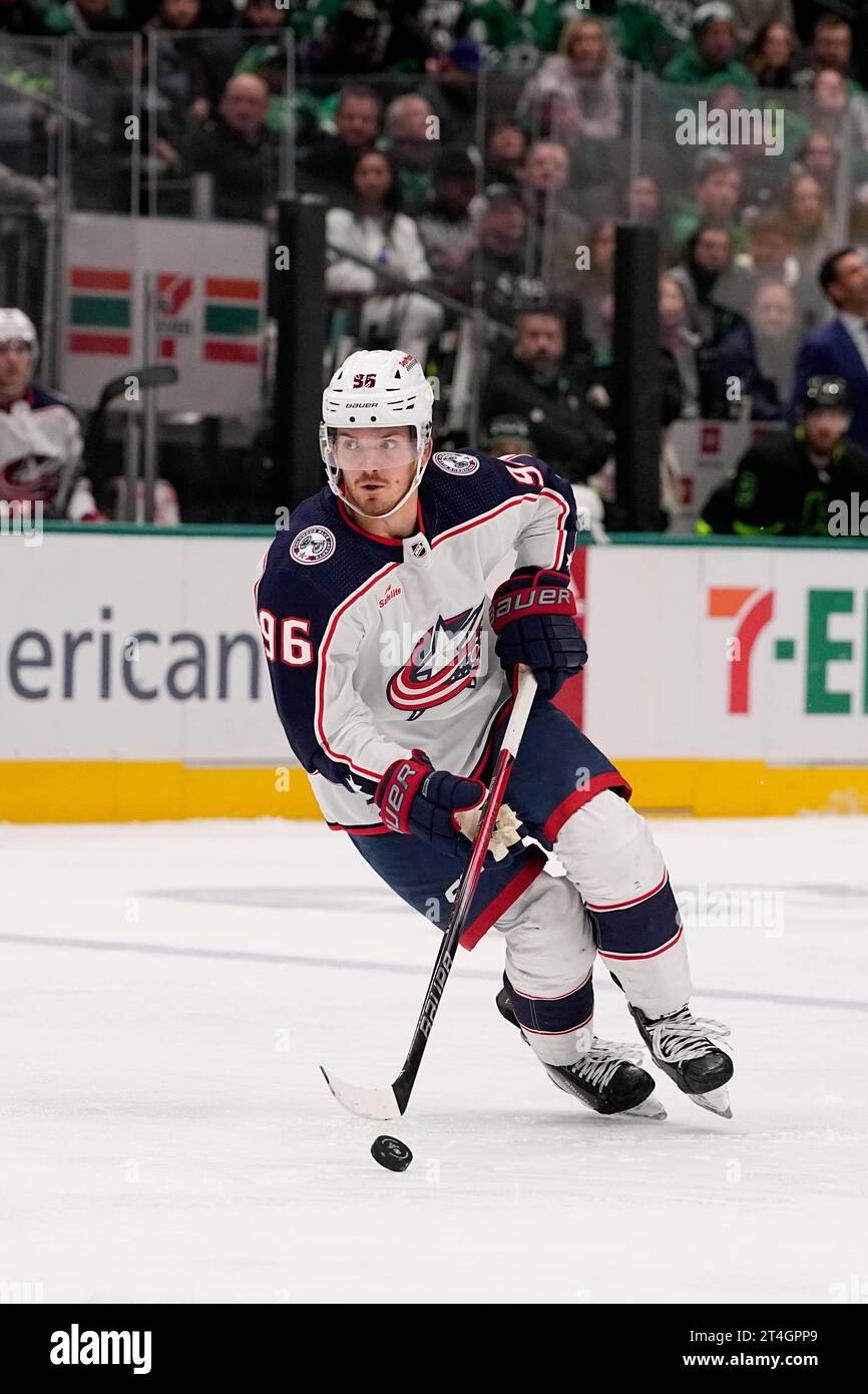 Columbus Blue Jackets Center Jack Roslovic Controls The Puck During An ...