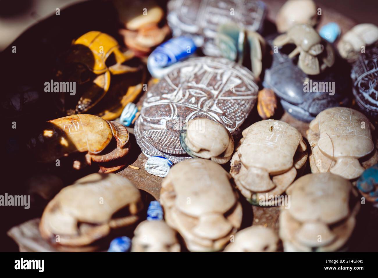 A close-up of Ancient Egyptian artifacts on display in a museum, in ...