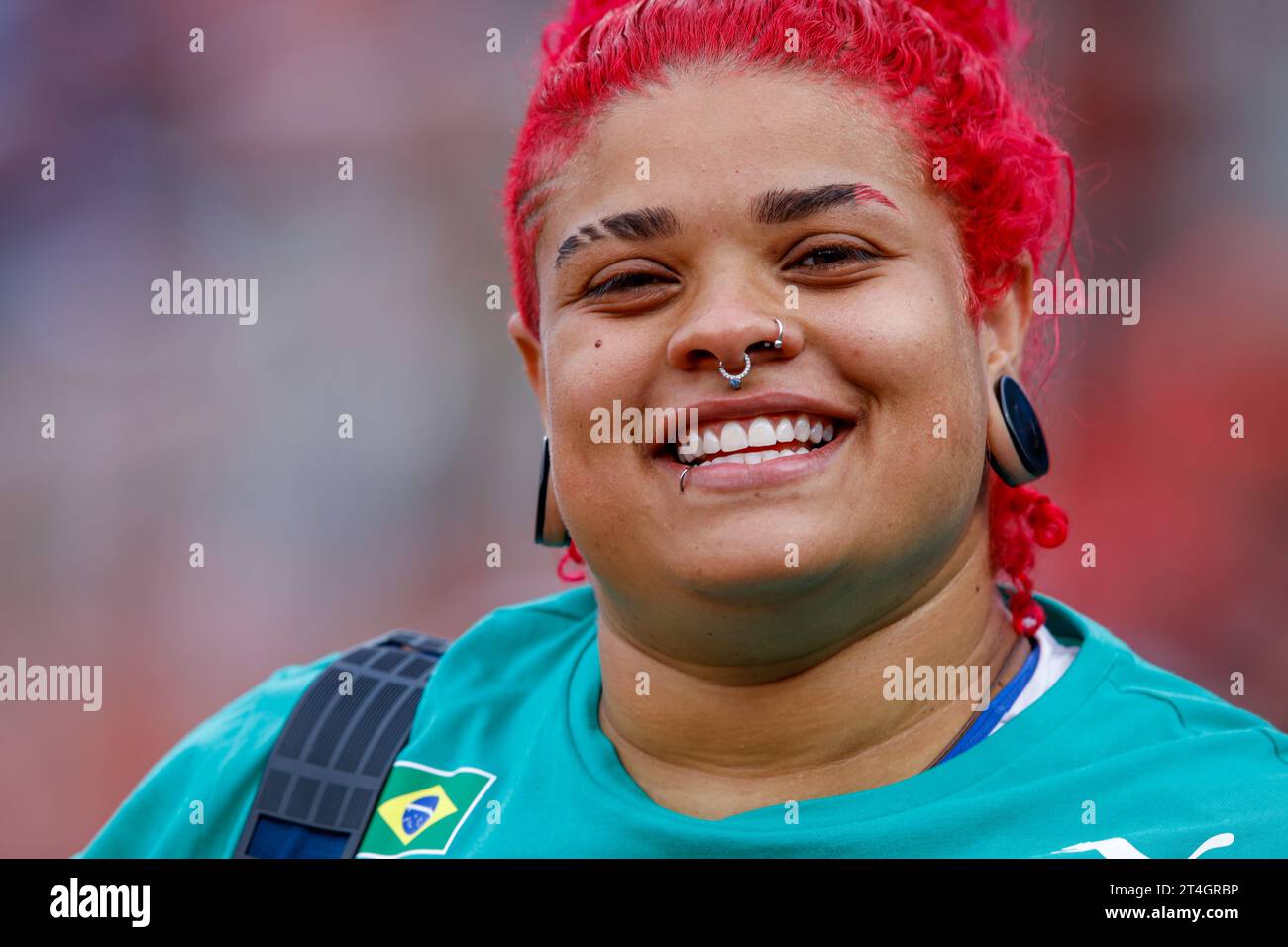 Izabela Rodrigues of Brazil celebrates after winning the gold medal during the women's discus throw final at the Coliseo del Estadio Nacional Julio Martinez on day 10 of the Santiago 2023 Pan American Games on October 30, 2023 in Santiago , Chile. ((134) Rodolfo Buhrer / La Imagem /  SPP) (Foto: Sports Press Photo/Sports Press Photo/C - ONE HOUR DEADLINE - ONLY ACTIVATE FTP IF IMAGES LESS THAN ONE HOUR OLD - Alamy) Stock Photo