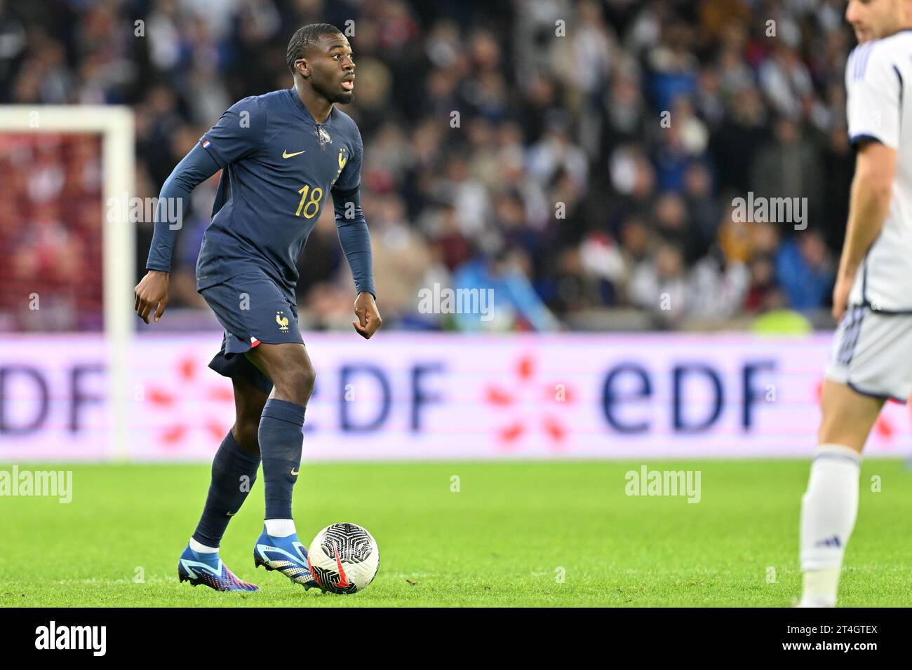 Youssouf Fofana (18) of France pictured during a soccer game between the national teams of France and Scotland in friendly game, on October 17 , 2023 in Lille, France. (Photo by David Catry / Sportpix) Stock Photo