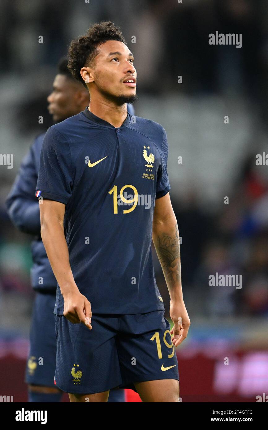 Boubacar Kamara (19) of France pictured during a soccer game between the national teams of France and Scotland in friendly game, on October 17 , 2023 in Lille, France. (Photo by David Catry / Sportpix) Stock Photo