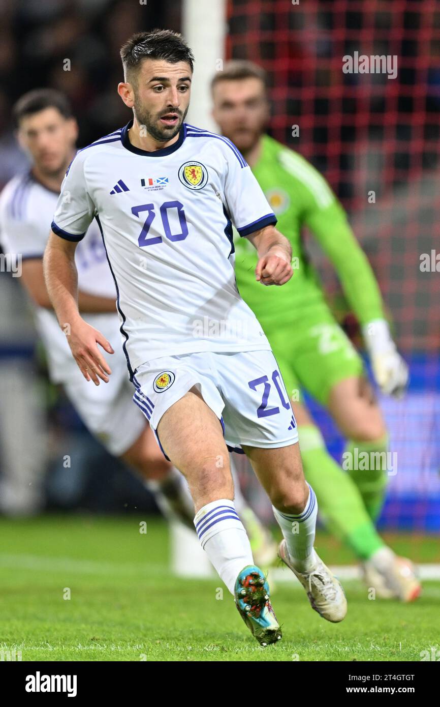 Greg Taylor (20) of Scotland pictured during a soccer game between the national teams of France and Scotland in friendly game, on October 17 , 2023 in Lille, France. (Photo by David Catry / Sportpix) Stock Photo