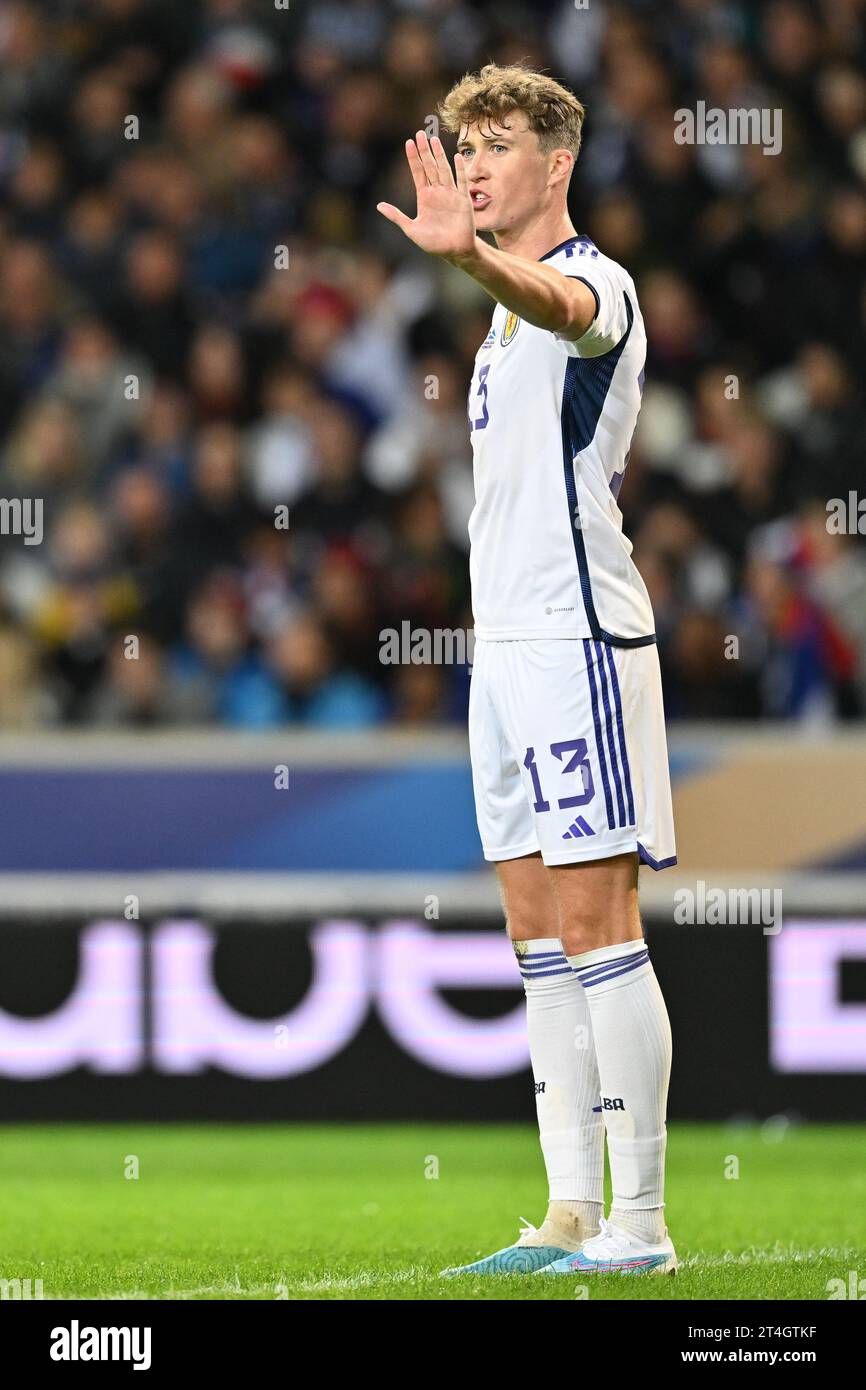 Jack Hendry (13) of Scotland pictured during a soccer game between the national teams of France and Scotland in friendly game, on October 17 , 2023 in Lille, France. (Photo by David Catry / Sportpix) Stock Photo