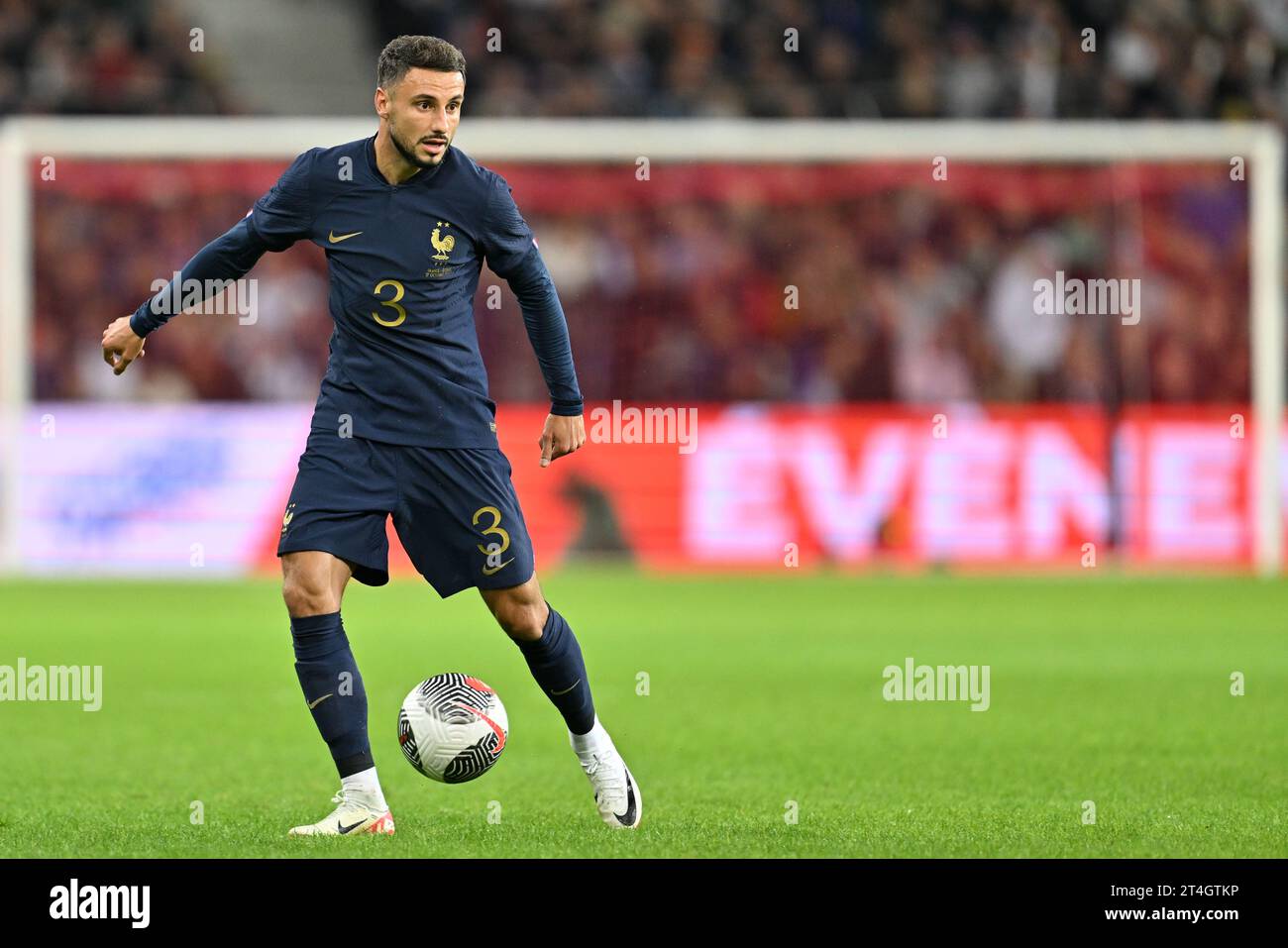 Jonathan Clauss (3) of France pictured during a soccer game between the national teams of France and Scotland in friendly game, on October 17 , 2023 in Lille, France. (Photo by David Catry / Sportpix) Stock Photo