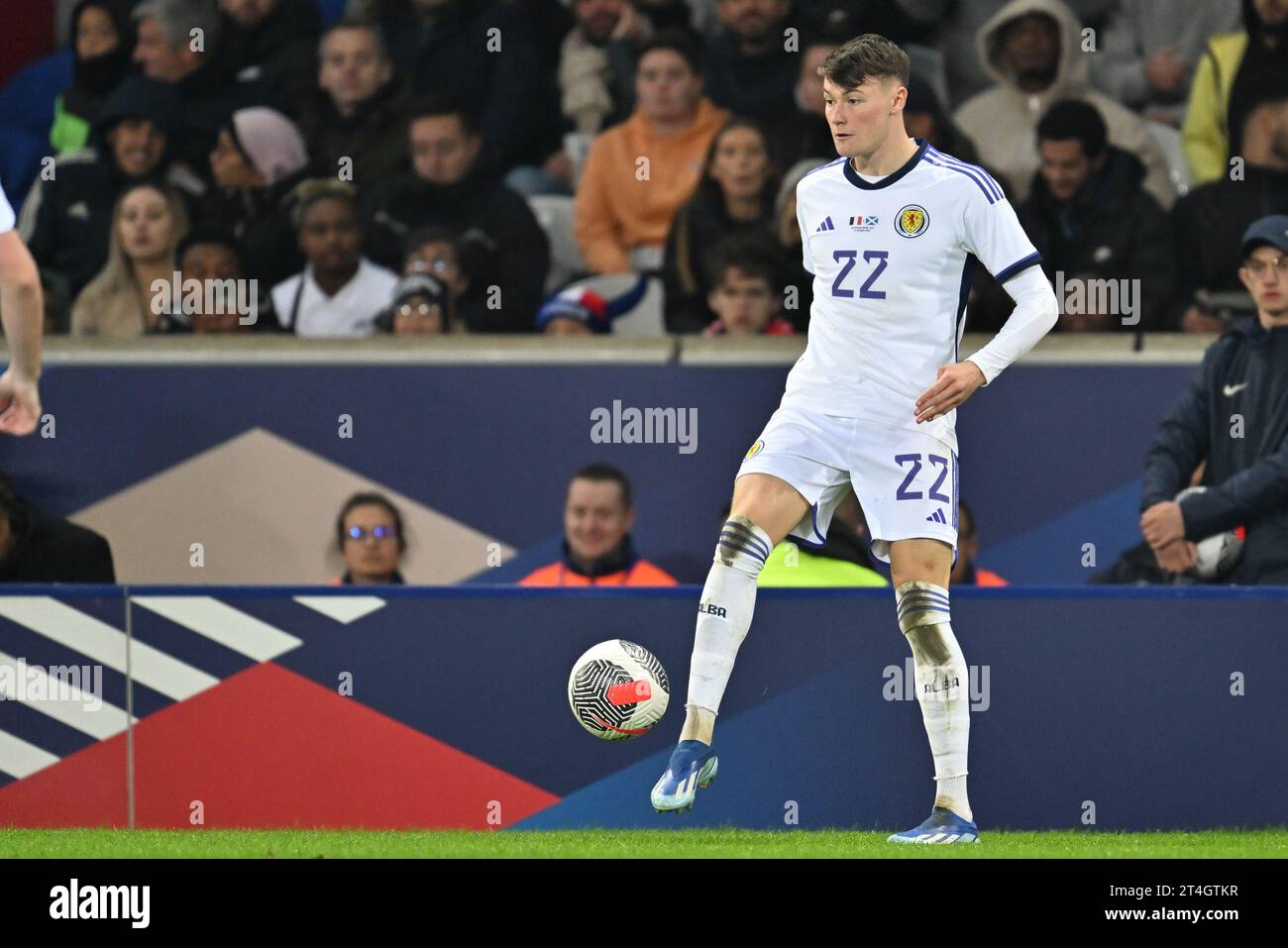 Nathan Patterson (22) of Scotland pictured during a soccer game between the national teams of France and Scotland in friendly game, on October 17 , 2023 in Lille, France. (Photo by David Catry / Sportpix) Stock Photo