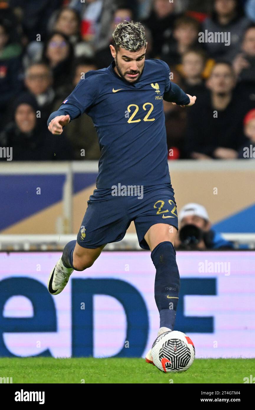Theo Hernandez (22) of France pictured during a soccer game between the national teams of France and Scotland in friendly game, on October 17 , 2023 in Lille, France. (Photo by David Catry / Sportpix) Stock Photo