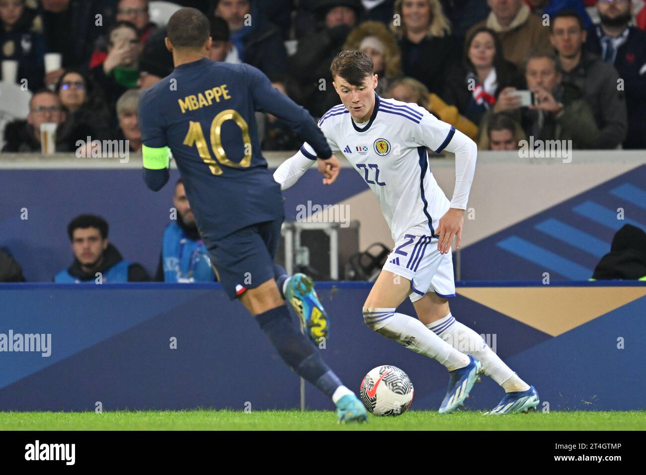 Nathan Patterson (22) of Scotland pictured during a soccer game between the national teams of France and Scotland in friendly game, on October 17 , 2023 in Lille, France. (Photo by David Catry / Sportpix) Stock Photo