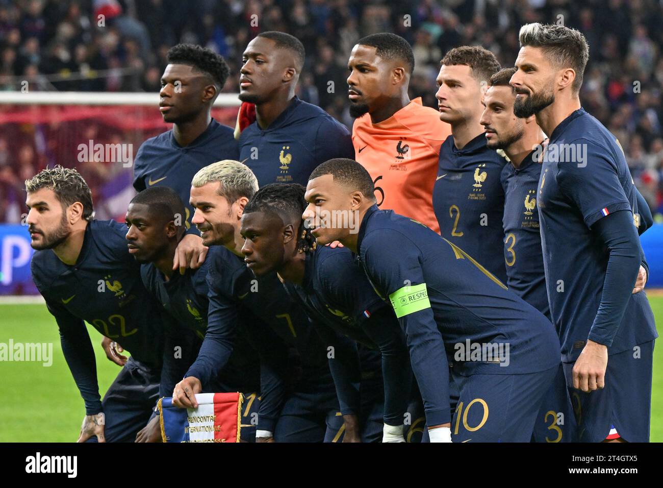 players of France with Aurelien Tchouameni (8) of France, Ibrahima Konate (13) of France, Goalkeeper Mike Maignan (16) of France, Benjamin Pavard (2) of France, Jonathan Clauss (3) of France, Olivier Giroud (9) of France, Theo Hernandez (22) of France, Ousmane Dembele (11) of France, Antoine Griezmann (7) of France, Eduardo Camavinga (6) of France and Kylian Mbappe (10) of France pose for a team photo during a soccer game between the national teams of France and Scotland in friendly game, on October 17, 2023 in Lille, France. (Photo by David Catry/Sportpix) Stock Photo