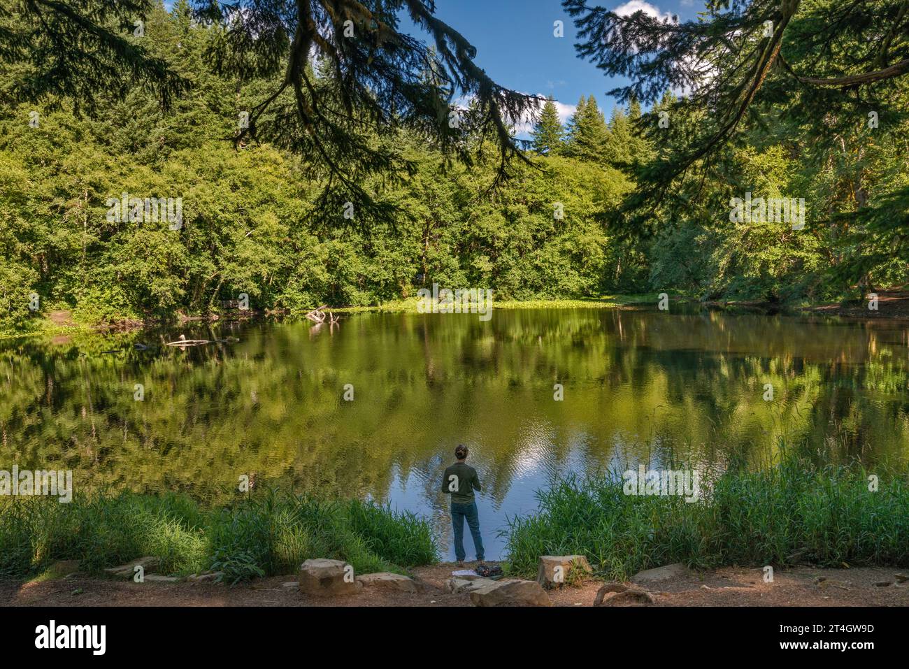 Angler at Hebo Lake Campground, Siuslaw National Forest, Oregon Coast Range, Oregon, USA Stock Photo