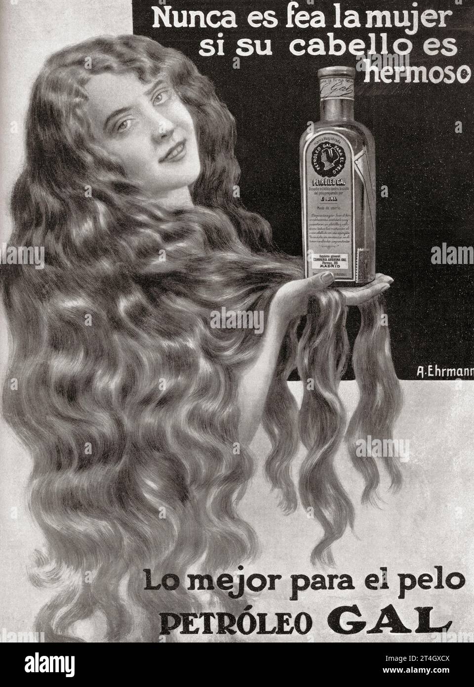 Spanish advertisement for El petróleo Gal, 1912.  El petróleo Gal  or Gal oil, became known at the beginning of the 20th century. It was an alcoholic lotion based on petroleum and citrus essences, used as a remedy to stop baldness and keep hair healthy and silky, it was recommended for both men and women. From Mundo Grafico, published 1912. Stock Photo