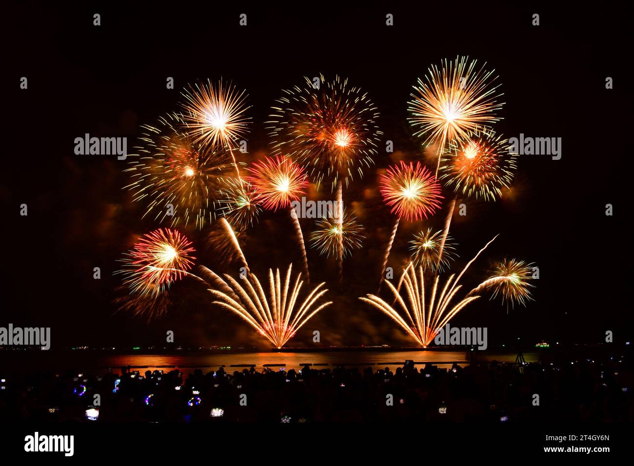 Joyful moment of people capturing fireworks show with camera and smart phone. Stock Photo