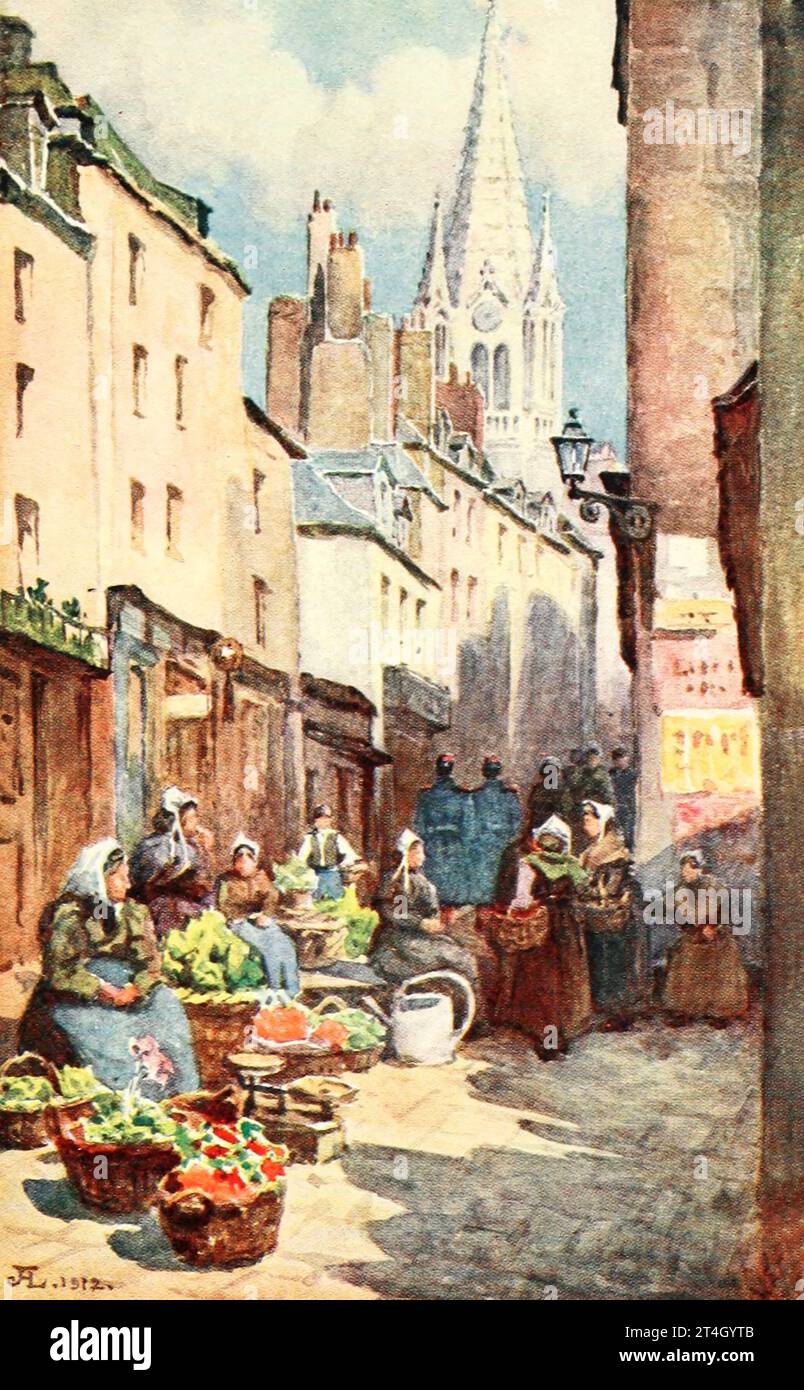Vegetable Market, St. Malo Landscape painting by John Hardwicke Lewis, from the book La Cote d'Emeraude by Spencer Musson, published in 1912 by A. & C. Black, The Côte d'Émeraude (Breton: Aod an Emrodez; lit. 'Emerald Coast') is a name given to a part of the English Channel coast of eastern Brittany near the border with Normandy in France. Stock Photo