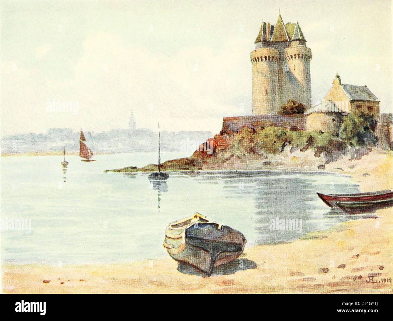 La Tour Solidor, St. Servan Landscape painting by John Hardwicke Lewis, from the book La Cote d'Emeraude by Spencer Musson, published in 1912 by A. & C. Black, The Côte d'Émeraude (Breton: Aod an Emrodez; lit. 'Emerald Coast') is a name given to a part of the English Channel coast of eastern Brittany near the border with Normandy in France. Stock Photo