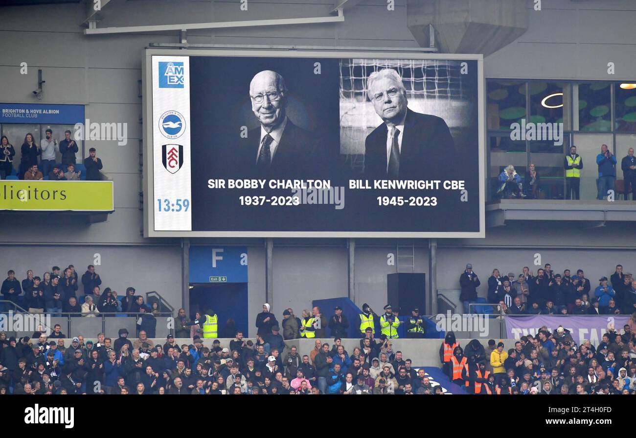 Tributes to Sir Bobby Charlton and Bill Kenwright CBE during the Premier League match between Brighton and Hove Albion and Fulham at the American Express Stadium  , Brighton , UK - 29th October 2023 Photo Simon Dack / Telephoto Images. Editorial use only. No merchandising. For Football images FA and Premier League restrictions apply inc. no internet/mobile usage without FAPL license - for details contact Football Dataco Stock Photo