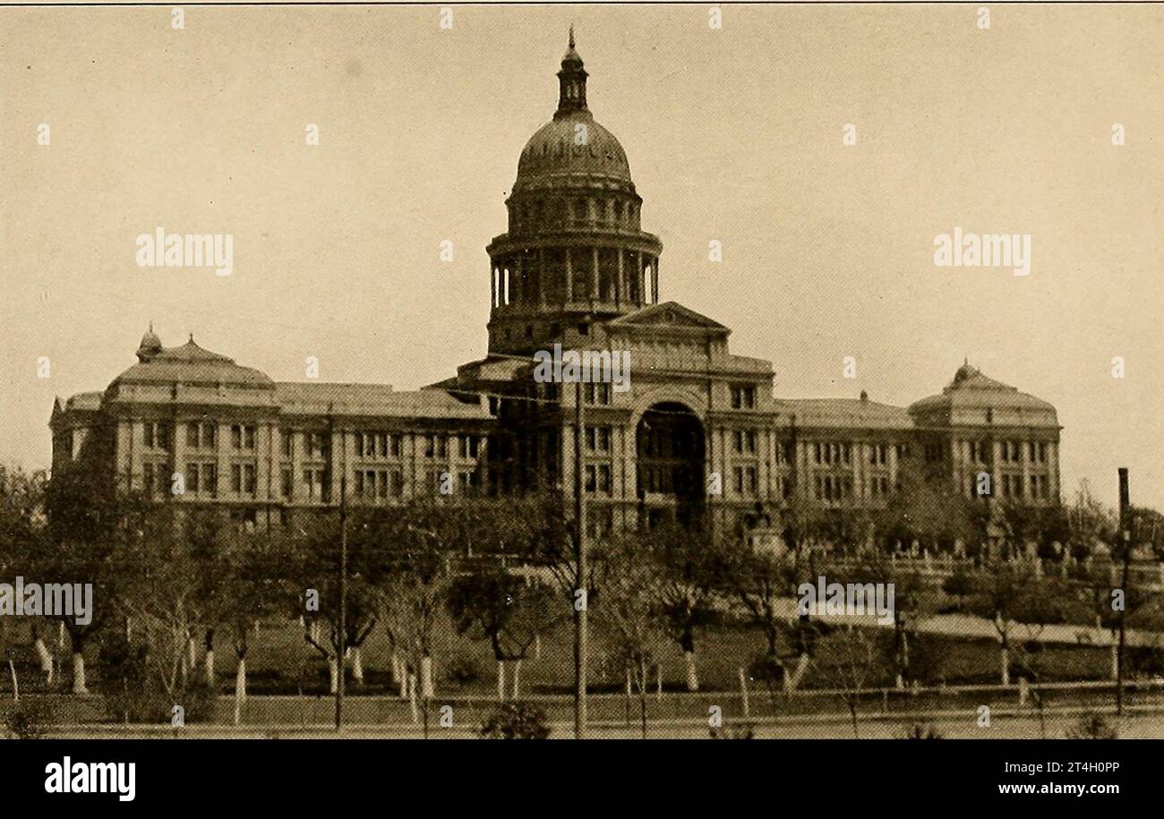 The Capitol, Austin from the book Texas, the marvellous, the state of the six flags; by Nevin Otto Winter Published The Page company 1916 ,Including Accounts of the Spanish Settlement and Establishment of the Indian Missions; the Unfortunate Expedition and Death of La Salle ; the Romance of its Early Settlement and Stories of its Hardy Pioneers ; the Nine-year Republic of Texas ; Stephen F. Austin and Sam Houston ; 'Remember the Alamo'; the Development of the Cattle Ranches ; the Great Ranches and a Visit to a Million-acre Ranch ; the Growing Cities; the Rehabilitation of Galveston; Along the Stock Photo