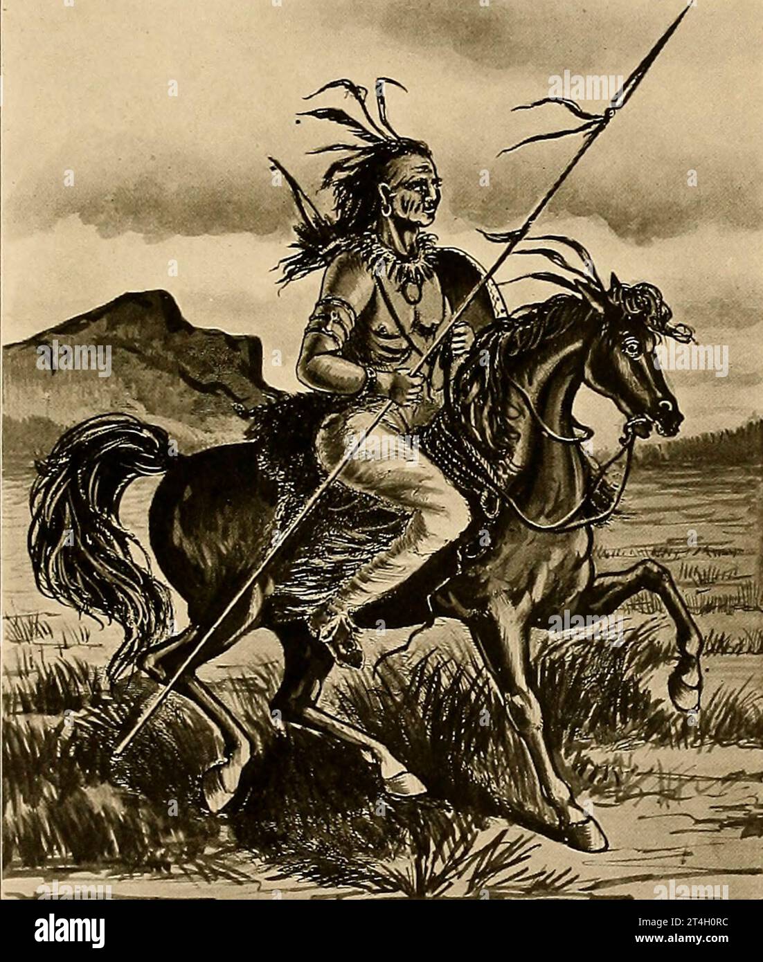 A Comanche Warrior from the book Texas, the marvellous, the state of the six flags; by Nevin Otto Winter Published The Page company 1916 ,Including Accounts of the Spanish Settlement and Establishment of the Indian Missions; the Unfortunate Expedition and Death of La Salle ; the Romance of its Early Settlement and Stories of its Hardy Pioneers ; the Nine-year Republic of Texas ; Stephen F. Austin and Sam Houston ; 'Remember the Alamo'; the Development of the Cattle Ranches ; the Great Ranches and a Visit to a Million-acre Ranch ; the Growing Cities; the Rehabilitation of Galveston; Along the T Stock Photo