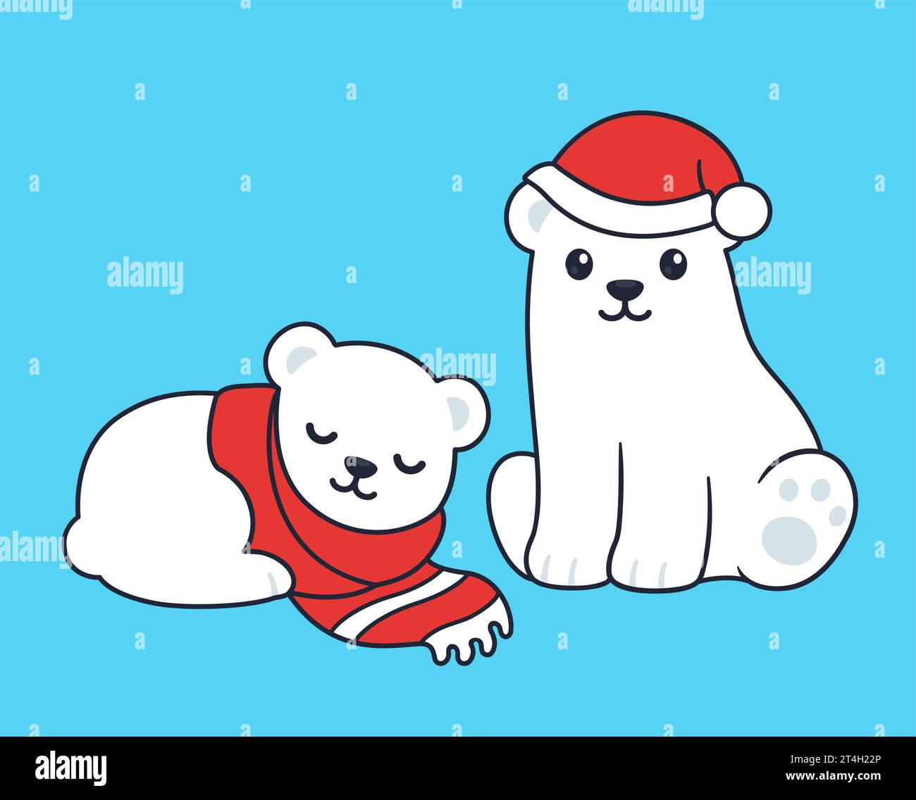 Cute cartoon white polar bear cubs in winter hat and scarf, seasonal