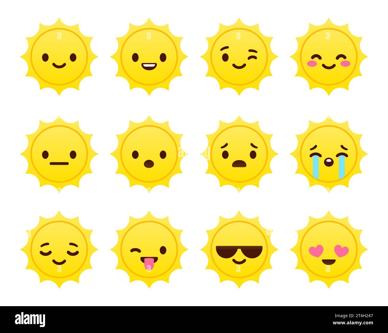 Cute emoticon set: adorable cartoon sun face with different emotions. Flat vector emoji illustration. Stock Vector