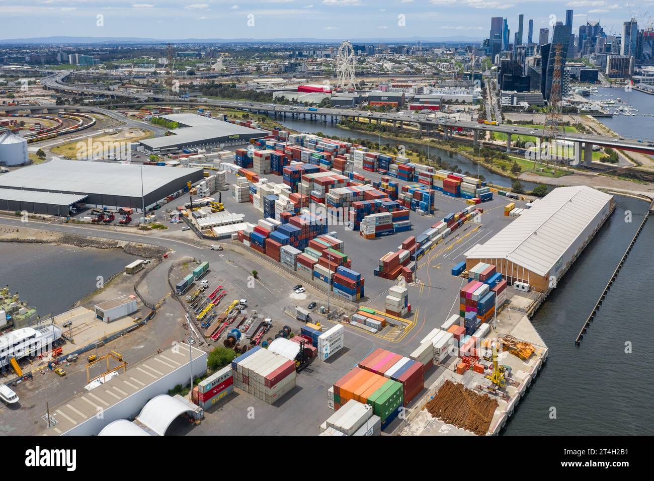 Aerial view of containers stacked at a warehouse at Docklands in Melbourne, Victoria, Australia Stock Photo