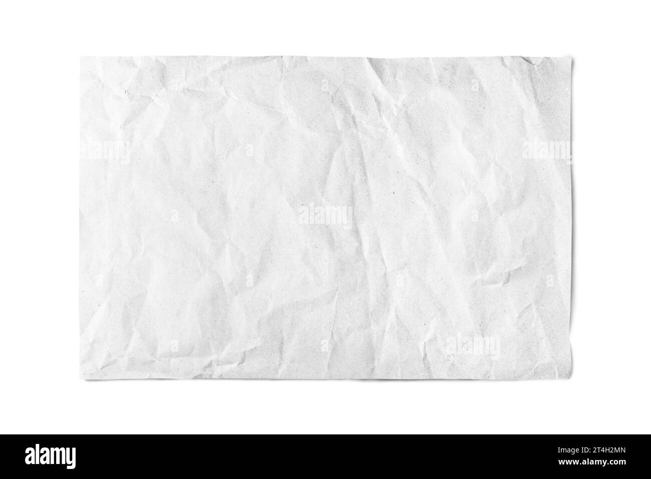White crumpled rectangle sheet of paper with smooth edge isolated on white background. Recycled craft paper wrinkled, creased texture, grunge border. Stock Photo