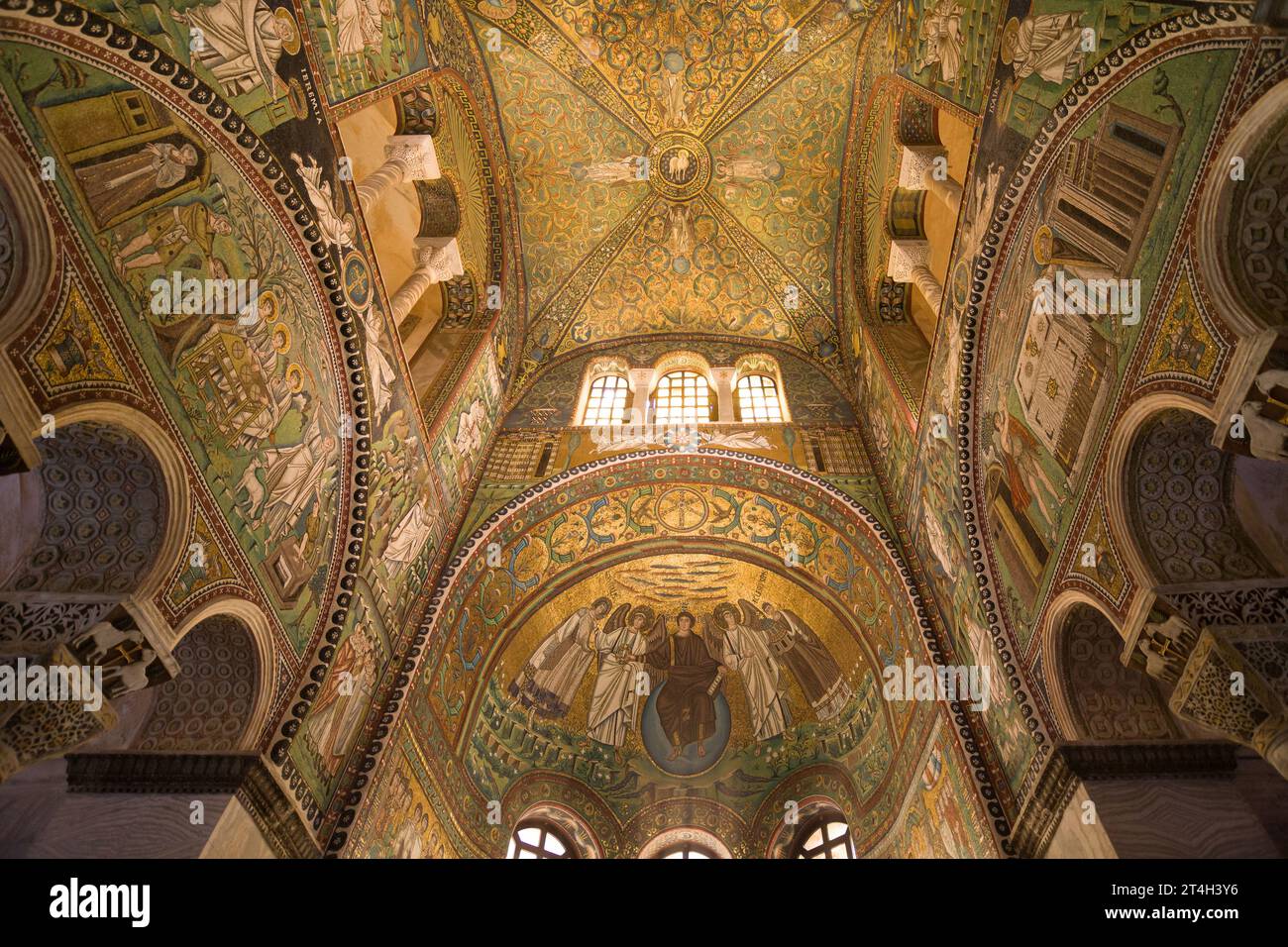 Mosaics of the Presbytery and Apse of the Basilica San Vitale, Emilia-Romagna, Italy. Stock Photo