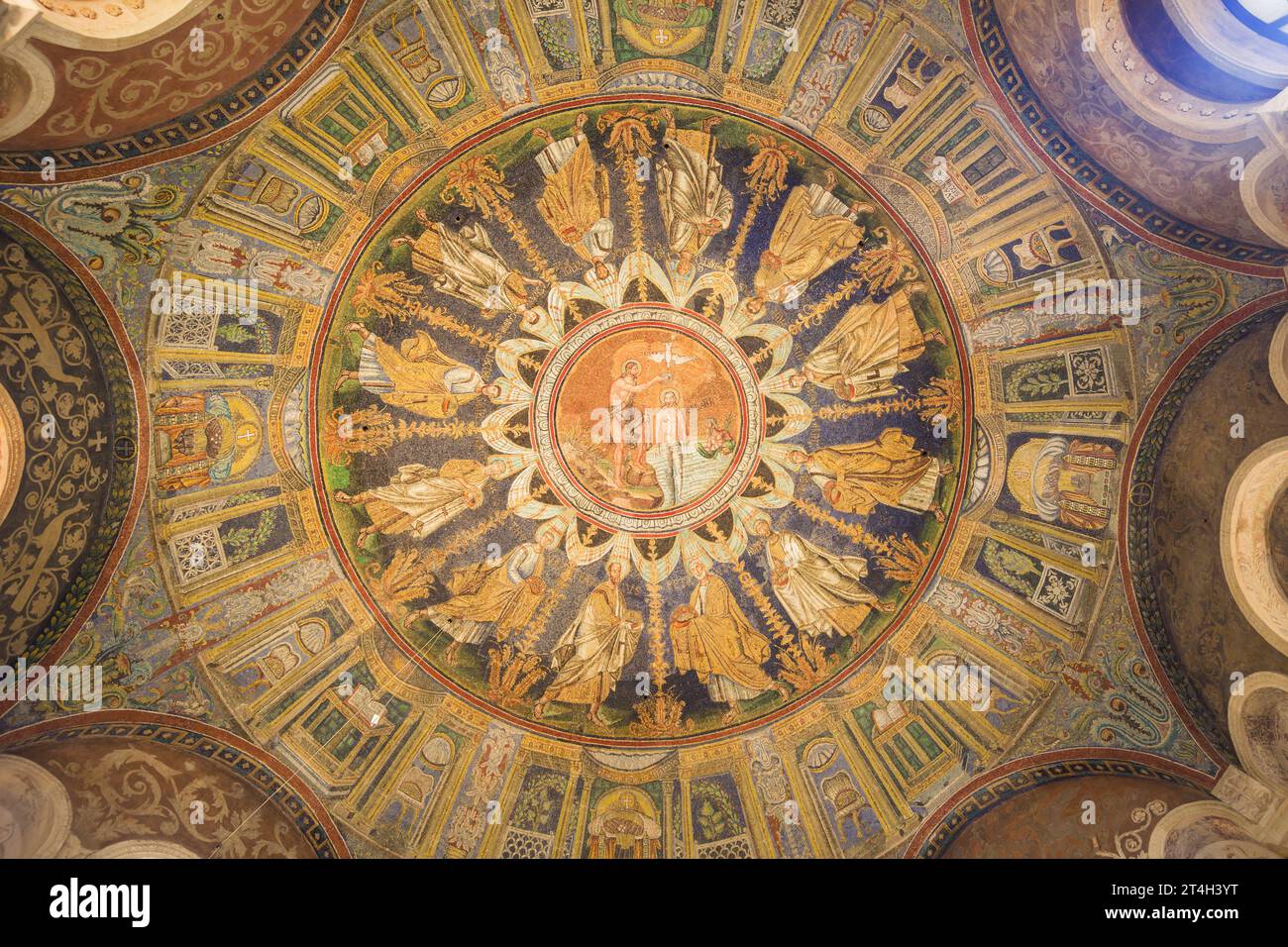 Ceiling Mosaic of the Arian Baptistery in Ravenna, Emilia-Romagna, Italy. Stock Photo