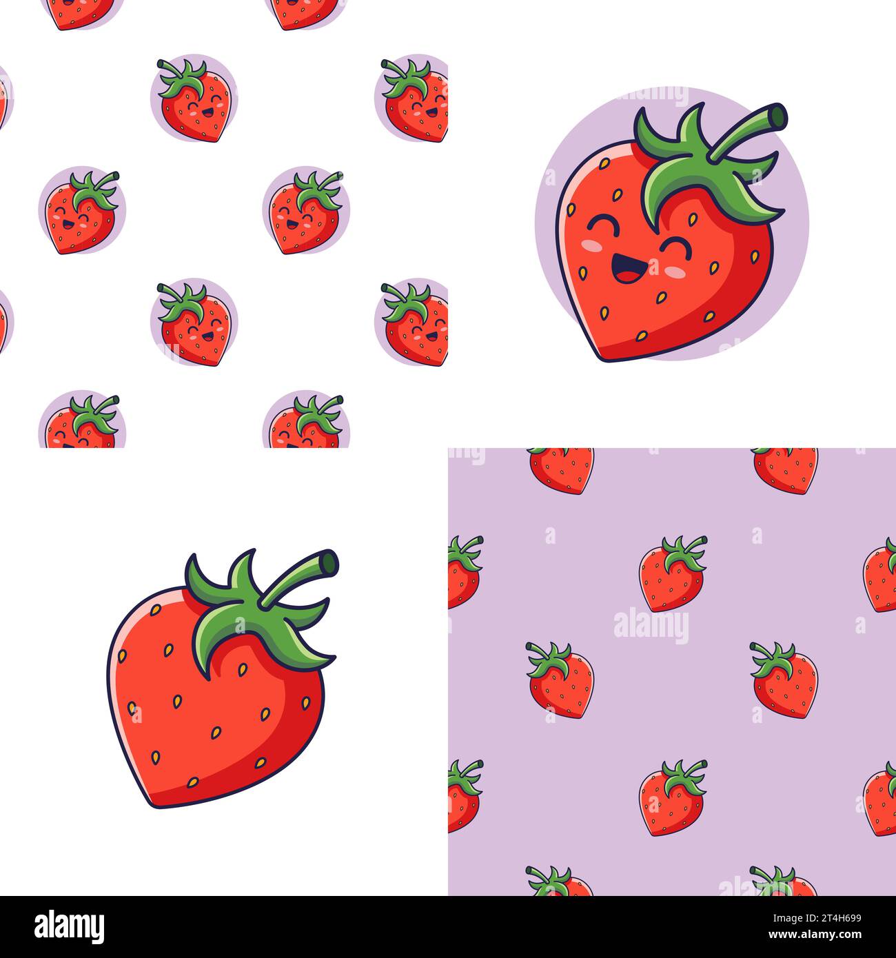 Set of Cute Kawaii Strawberry patterns. Food fruit flat icon. Cartoon ...